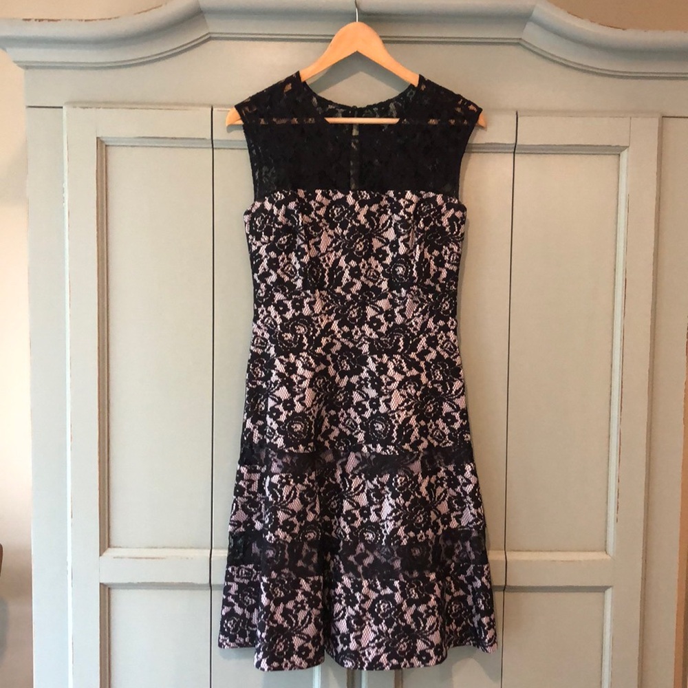 Kay Unger dress with black lace over purple silk